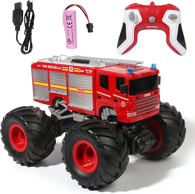 Remote Control Fire Truck Monster Truck Toy,1/18 RC Fire Truck,2.4GHz Offroad Hobby RC Racing Car with LED, High Speed, Best Gift for Kids