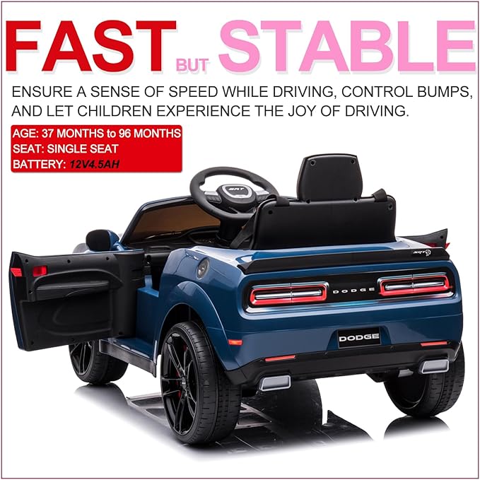 Kids Electric Car | Licensed Dodge Challenger Ride-On 12V Battery-Powered Vehicle with Remote, LED Lights, Bluetooth, MP3 for Boys and Girls, Blue
