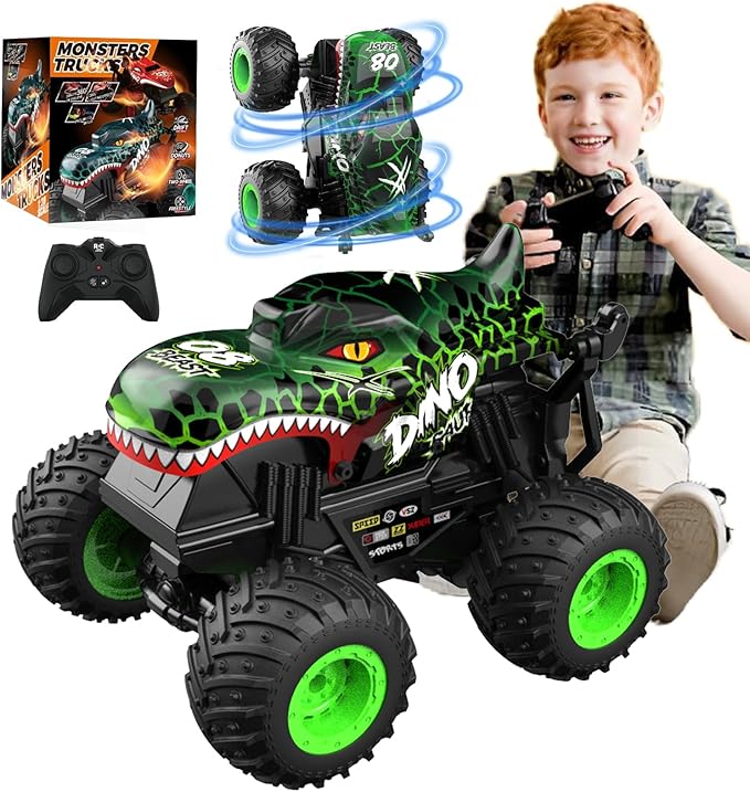 Jumping Monster Truck Toy, 2.4GHz Remote Monster Trucks for Boys 4-6, Dinosaur Monster RC Truck, 2 Rechargeable Batteries, 3 Lighting and Music, Rotate 360 °, Drift, Blue Remote Control Car