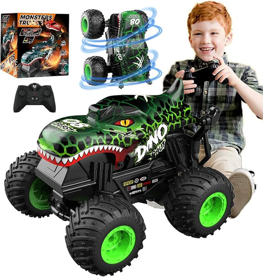 Jumping Monster Truck Toy, 2.4GHz Remote Monster Trucks for Boys 4-6, Dinosaur Monster RC Truck, 2 Rechargeable Batteries, 3 Lighting and Music, Rotate 360 °, Drift, Blue Remote Control Car