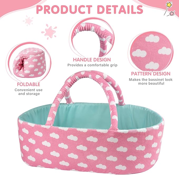 BABESIDE 8 Pcs Reborn Baby Doll Accessories with Bassinet for 17-22 Inch Baby Dolls, Babies Doll Clothes Outfit Accessories fit Reborn Doll Newborn Boy