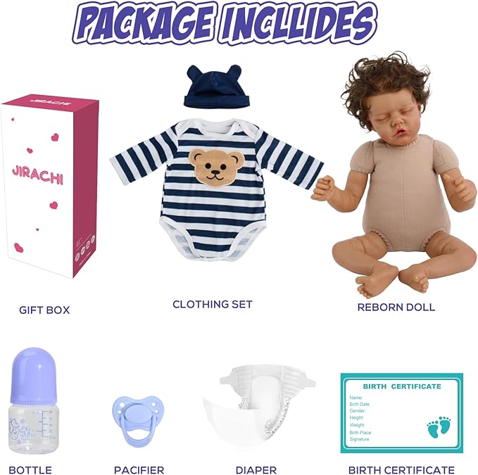 Jirachi Black Realistic Baby Doll Boy, 18-inch Black American Reborn Baby Soft Body Lifelike Doll with Feeding Toy for Kids Age 3+