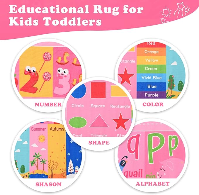 Pink Kids Rug for Playroom Classroom, ABC Alphabet Numbers Play Toddlers Rugs, 4x6 Learning Educational Bedroom Floor Mat, Washable Baby Carpet for Girls Room, Nursery, Preschool, Daycare