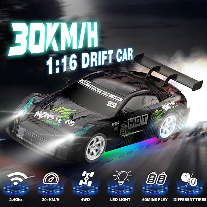 RC Drift Car 1:16, 2.4GHz 4WD Drifting RC Cars 30+KM/H High Speed Remote Control Car with LED Lights Two Batteries and Drift Tires, Race car for Adults Boys Kids, Black