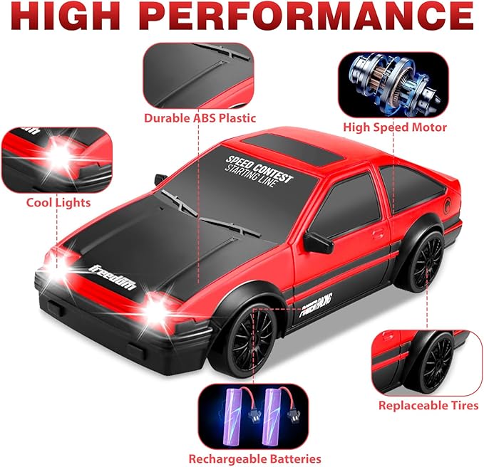 RC Drift Car, 1:24 Remote Control High Speed Race Drifting Cars, 2.4GHz 4WD Electric Sport Racing Hobby Toy Car with Two Batteries Headlight for Boys and Girls Teens and Adults (Red)