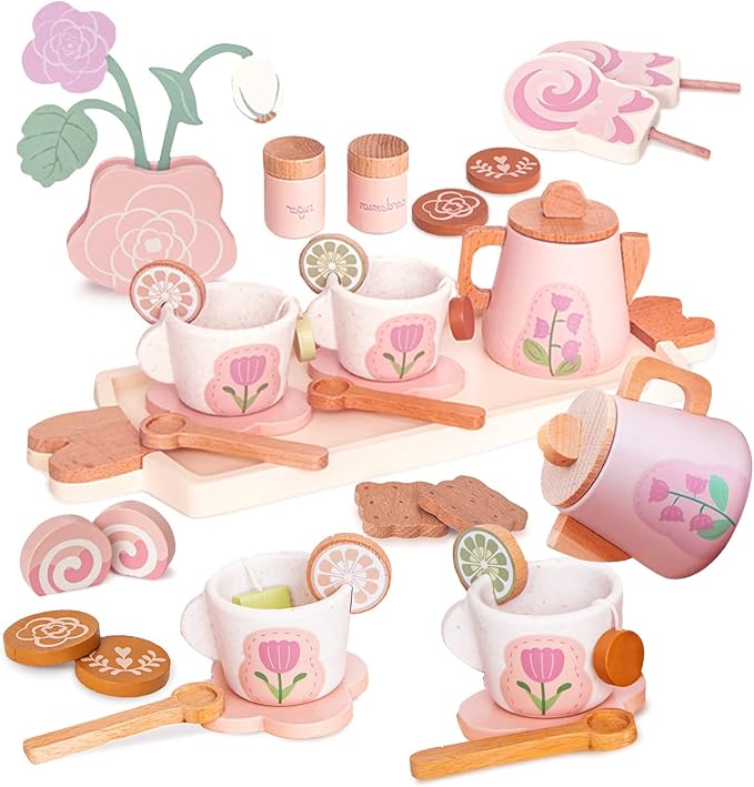 Wooden Tea Set for Little Girls, Pretend Play Tea Party Set Toy with 27 PCS Play Kitchen Accessories, Princess Tea Set Toy, Birthday Gift for Kids 2 3 4 5 Years Old, Improve Imagination