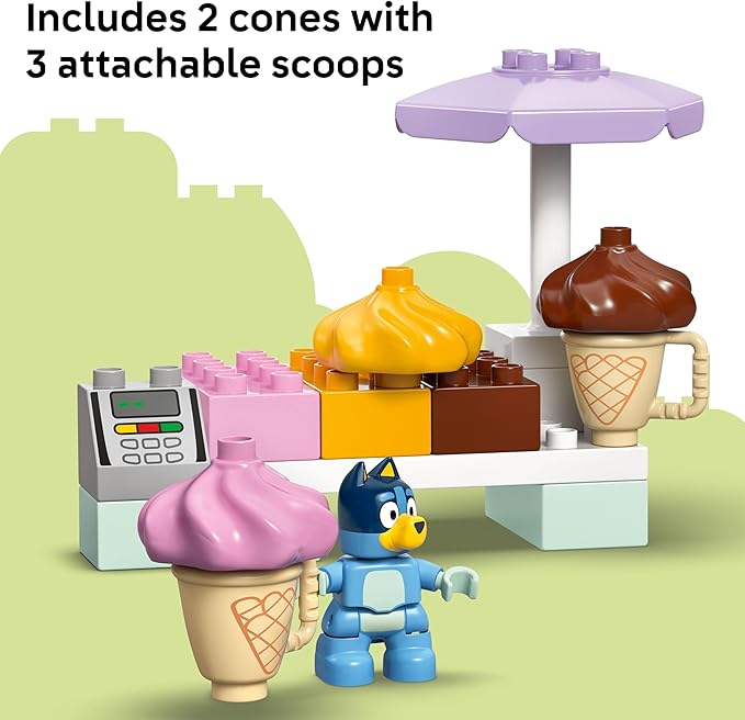 LEGO DUPLO Bluey Ice Cream Trip with Bluey - Toddler Toy for Kids, Boys, and Girls Ages 2+ - Includes Bluey Figure and Ice Cream Toy Stand - Sensory Toy for Pretend Play - Preschool Gift Idea - 10458