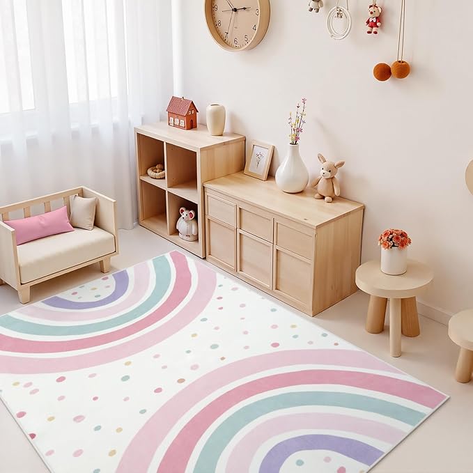 STARUIA 5x7 Washable Rainbow Rug for Kids Room Nursery, Soft Polka Dot Pink Rug for Bedroom Girls, Non-Slip Large Carpet Kids Area Rug for Playroon Princess Castle