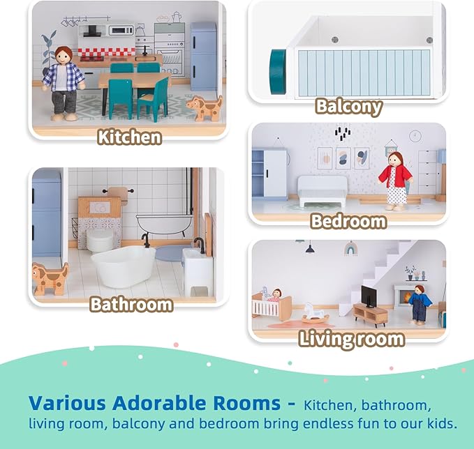 Wooden Dollhouse with Liftable Elevator - 2.6 Feet High Modern Doll House for Kids Toddlers - Including 21 Furniture Pieces, 4 Family Dolls, and 1 pet
