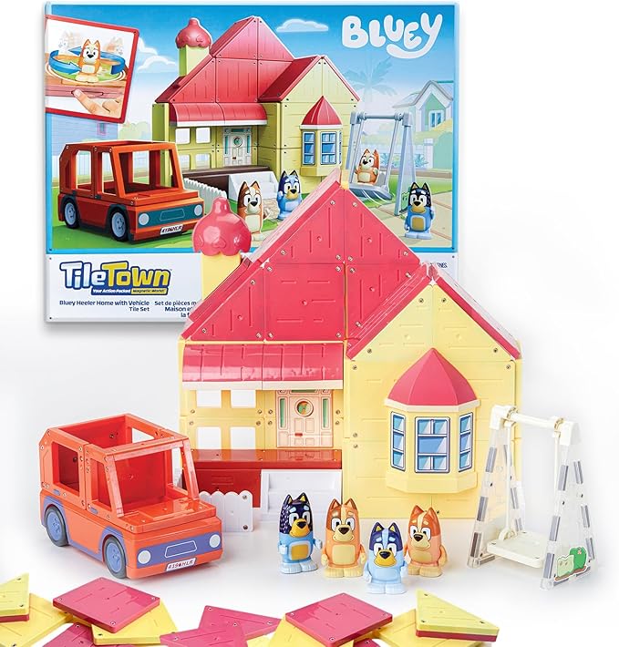 Tile Town Bluey Heeler Home Magnetic Tiles Playset – 46-Piece STEM Building Set, Includes Magnetic Bluey & Bingo Figures, Action Tiles, Creative Construction Toy for Kids Ages 3+ Amazon Exclusive