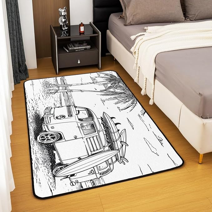Erosebridal Camping Van Area Rug 5x7 Summer Vacation Rug for Adults Kids Hand Drawn Ocean Beach Palm Tree Carpet Surfboard Tropical Coastal Bedroom Non Shedding Accent Rug