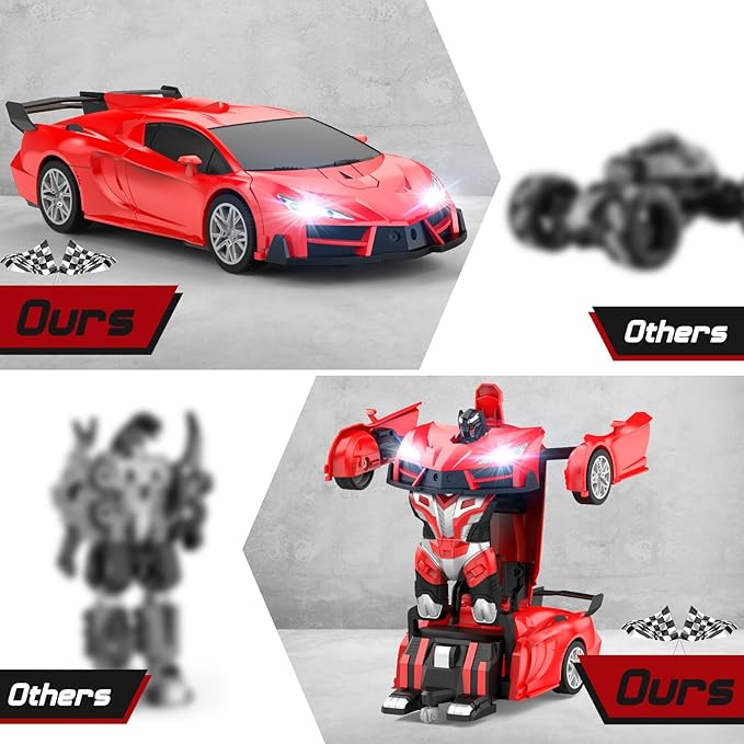 Remote Control Car，Transform Robot RC Cars with Cool LED Headlights, 2.4Ghz Toys Car with 360 Degree Rotation and One-Button Deformation, Christmas Birthday Gifts for Boys Girls(Red)