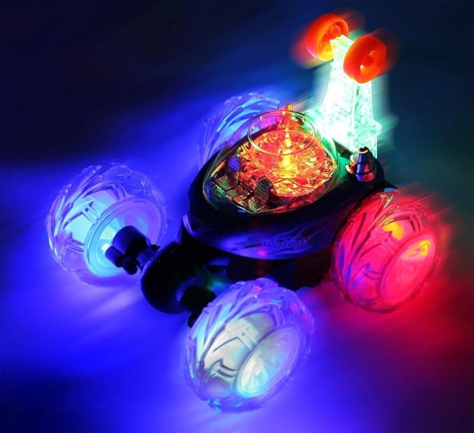 Haktoys 2-Pack Rechargeable RC Tornado Stunt Cars – Remote Control Flip Trucks with 360° Spins & Turbo Twister Action | Double-Sided Stunt Vehicles for Kids Toddlers Boys & Girls (Green & Blue)