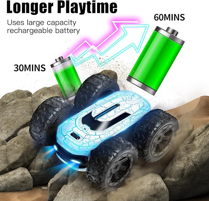 Remote Control Car for Kids 8-12, 360Rotating with 2 Batteries, Double-Sided RC Stunt Car Toy with LED Lights and Headlights