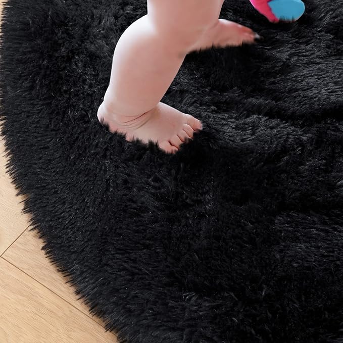 junovo Round Rug 6x6 Feet Fluffy Soft Area Rugs for Kids Girls Room Princess Castle Plush Shaggy Carpet Cute Circle Nursery Rug for Kids Teen's Bedroom Home Decor Large Circular Carpet, Black