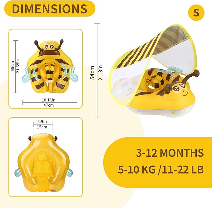 Free Swimming Baby Inflatable Baby Pool Float Ring Size Improved Bumble Bee Toddler Swim Trainer for Age of 3-36 Months (Yellow, Small)