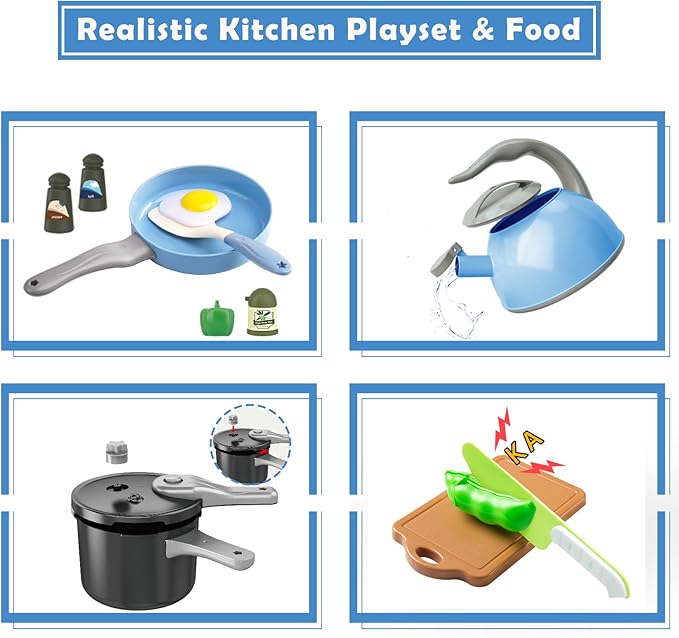 Bruvoalon 67Pcs Kids Play Kitchen Toys Set, Toddlers Pretend Cooking Playset Acccessories with Pots Pans, Utensils Cookware, Foods, Canned Veges, Learning Gift for Kids Girls Boys (Blue)