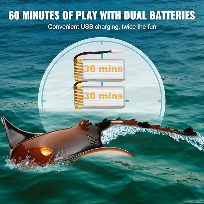 VEVOR Remote Control Manta Ray Toy, 2.4GHz High Simulation Robot RC Shark Stingray Fish Toys with Light, RC Boat Bathtub Summer Swimming Pool Toys for 6+ Year Old Boys and Girls