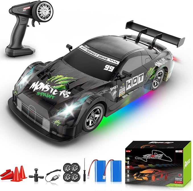 RC Drift Car 1:16, 2.4GHz 4WD Drifting RC Cars 30+KM/H High Speed Remote Control Car with LED Lights Two Batteries and Drift Tires, Race car for Adults Boys Kids, Black