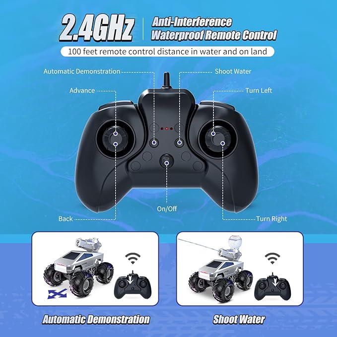 1:16 Remote Control Car, 2.4GHz Shoot Water RC Cars, 4WD Amphibious RC Truck, All Terrain Off-Road Remote Control Monster Truck, Pick-up RC Car Toy for Boys Girls Ages 6+