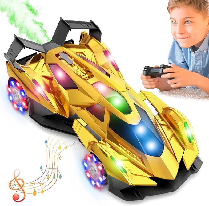 SASBSC Lambo Remote Control Car for Boys 4-7 8-12 Rc Cars with 360° Rotation, Spray, Music & Lights 1:12 Rechargeable Rc Car Toys 10-12km/h Sport Race Toy Cars Gifts for Kids (Gold)