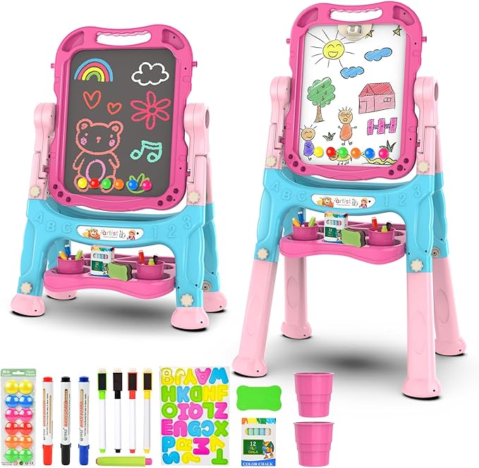 Amagoing Easel for Kids, Adjustable Standing Art Easel for Toddler, Double Chalk Drawing Board with Painting Accessories, Birthday Christmas Gift for Little Boys and Girls 3-5 Years Old