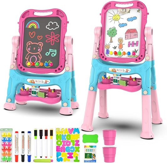 Amagoing Easel for Kids, Adjustable Standing Art Easel for Toddler, Double Chalk Drawing Board with Painting Accessories, Birthday Christmas Gift for Little Boys and Girls 3-5 Years Old
