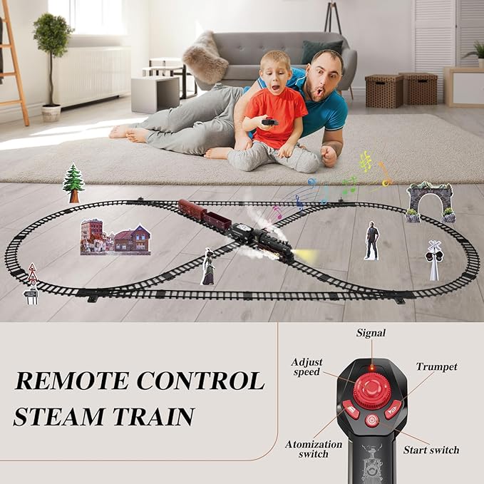 Train Set for Kids Remote Control Steam Locomotive Retro Train, with Railroad Carriages Long Tracks, Battery-Powered Model Train RC Toy Gift for Boys & Girls Ages 3-8