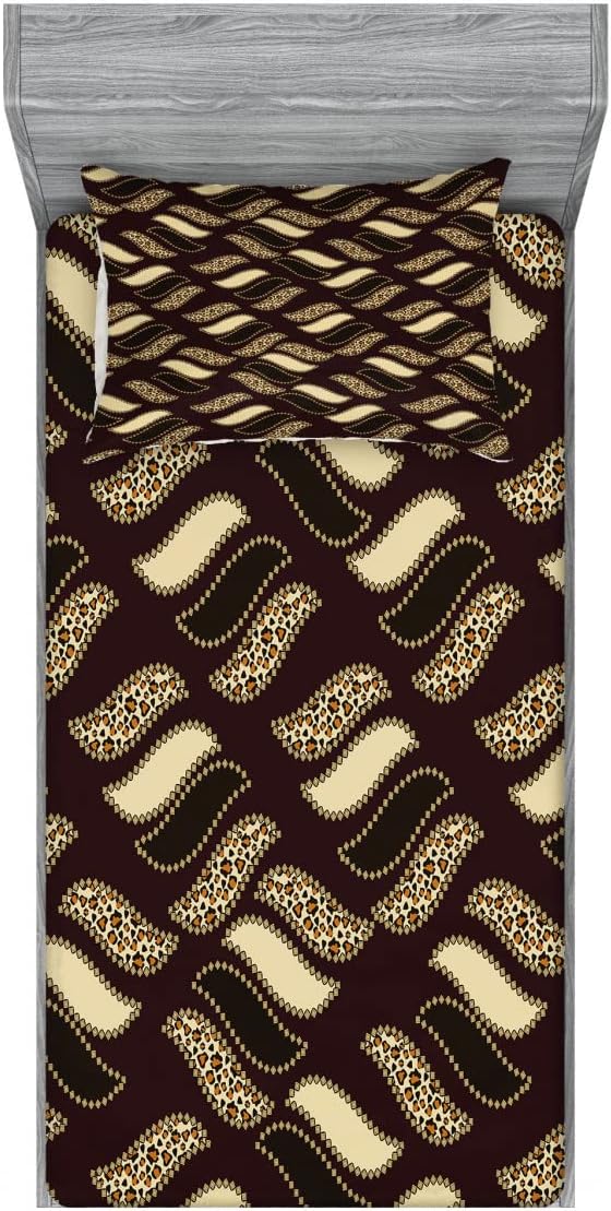 Ambesonne Brown 2 Pack Fitted Sheet & Pillow Sham Set, Cheetah Skin Pattern Savannah, 4 Pcs Bedding Decor, Package Contains 2 Twin Size Fitted Sheets & 2 Pillow Covers, Redwood Brown