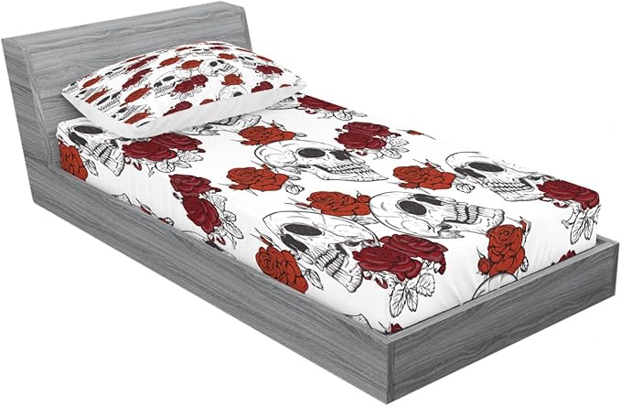 Ambesonne Halloween 2 Pack Fitted Sheet & Pillow Sham Set, Roses Gothic Skull, 4 Pcs Bedding Decor, Package Contains 2 Twin Size Fitted Sheets & 2 Pillow Covers, Grey