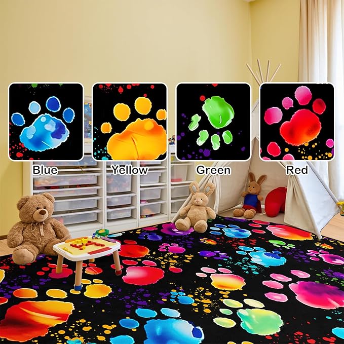 Paw Print Rug - Cute Colorful Dog Cat Paw Print Rugs Cartoon Animal Claw Carpet for Kids Bedroom Cute Animal Paw Themed Decorative Carpet for Playroom Soft Decor for Classroom,4'×5'