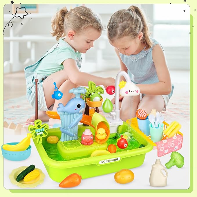 Play Sink with Running Water, Kitchen Sink Toys with Upgraded Electric Faucet, Play Dishwasher & Pool Floating & Fishing Toys for Kids, Play House Pretend Role Play Toys for Boys Girls
