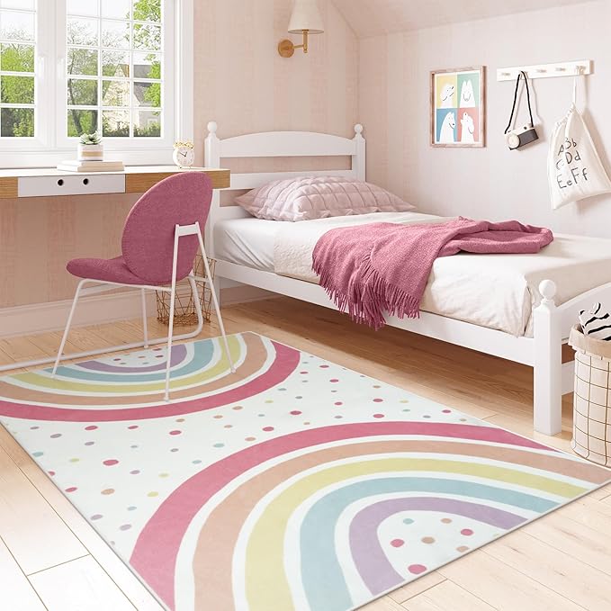 STARUIA Washable Rainbow Rug for Girls Bedroom, Large Area Rug 5x7 Colorful Rug for Nursery Kids Room, Soft Non-Slip Carpet Kids Rug for Classroom Playroom Tent Castle Dorm