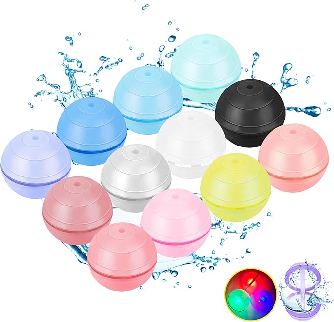 Light Up Refillable Reusable Water Balloons for Toddler Boys and Girls Ages 3+, 12 Pcs Led Quick Fill Sealing Magnetic Bomb Balls Toys Outside Activities, Summer Beach Pool Water Ball