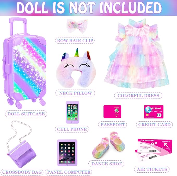 ZITA ELEMENT American 18 Inch Doll Suitcase and Clothes Accessories Set, 12 Pcs Doll Luggage Travel Play Set Fit for 18 Inch Girl Dolls (NO DOLL), Purple
