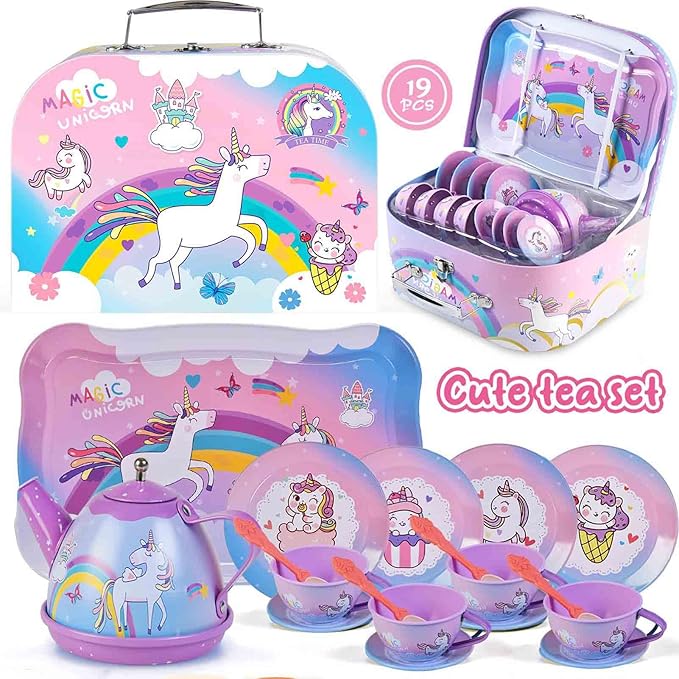 19Pcs Unicorn Toys Tea Party Set for Little Girls, Birthday Gift for Age 3 4 5 6 Year Old, Princess Tea Time Set Toys for Little Girls, Kids Toddlers Kitchen Pretend Toy with Tin Tea Set