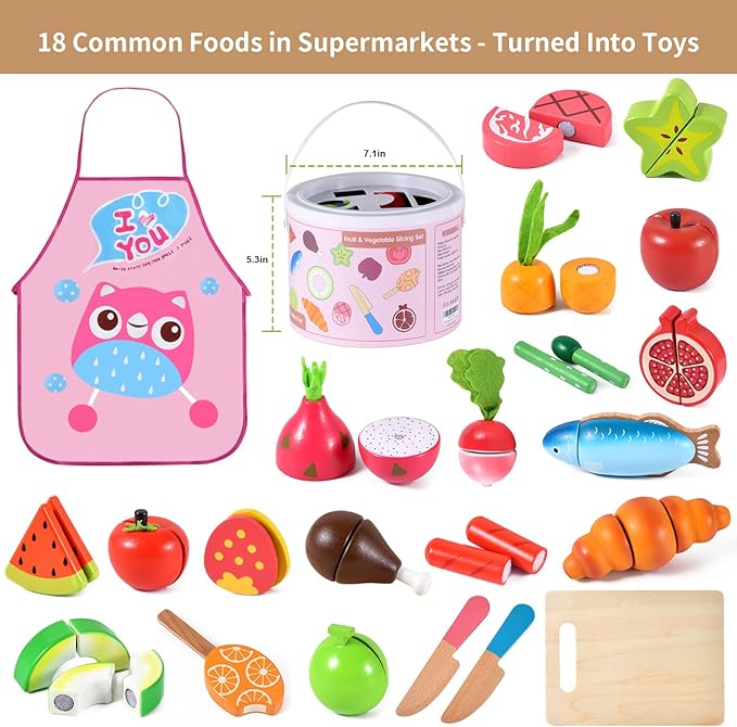 WHOHOLL Wooden Play Food Toys for Kids Kitchen Playset, Play Kitchen Accessories with Apron Pretend Cutting Food Montessori Toys for 3+ Year Old Girls and Boys