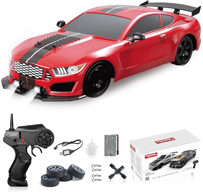 YUZ Remote Control Car RC Drift Car 1/16 Scale 4WD 18KM/H High Speed RC Car 2.4GHz with LED Lights Spray Racing Toy Car for Adults Boys Girls Kids Birthday 2Pcs Rechargeable Batteries, Red