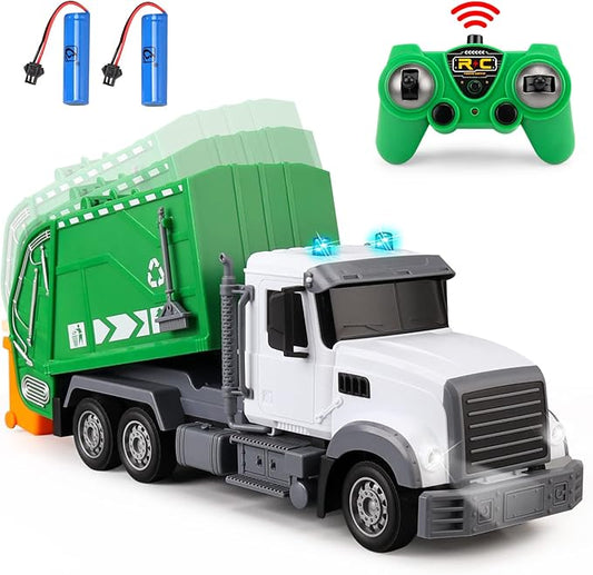 1:24 Scale Remote Control Garbage Truck Toys, 6 Channel RC Waste Management Garbage Truck, 2.4Ghz Recycling Trash Truck Toys with Two Rechargeable Batteries for Boys Kids, 15"