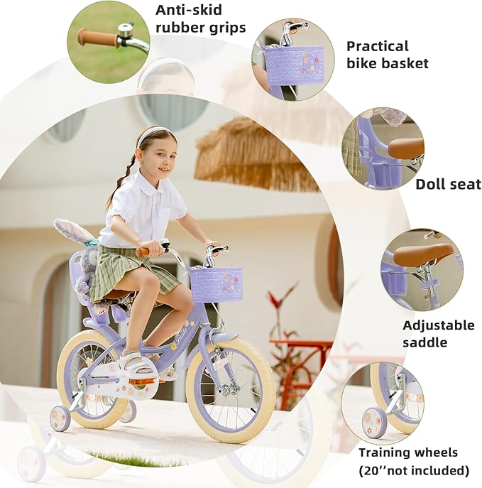 Girls Bike with Basket for Toddlers and Kids Aged 3-14 Years Old, 14 16 18 Inch with Training Wheels & Doll Seat, 20 Inch with Kickstand & Rear Rack, Princess Style Bicycle for Gift