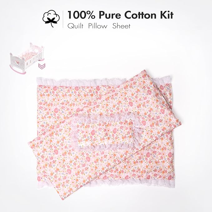 ROBUD Wooden Baby Doll Crib, Baby Doll Bed Toys, for Dolls Up to 18 Inch, Doll Accessories - with Mattress, Pillow, Quilt, Gift for Boys & Girls, Ages 3+