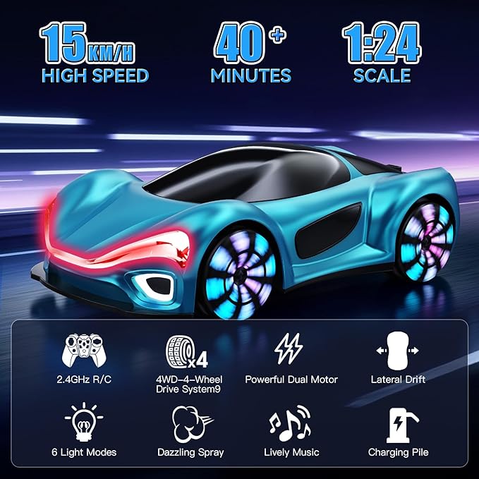 Remote Control Car,RC Drift Car Boys Toys for 4 5 6 7 8 9 10 11 12 Year Old 2.4GHz 360° Rotate RC Cars with Cool Lights, Music & Spray Effects Cool Birthday Presents Gifts for Kids & Boys 4-12