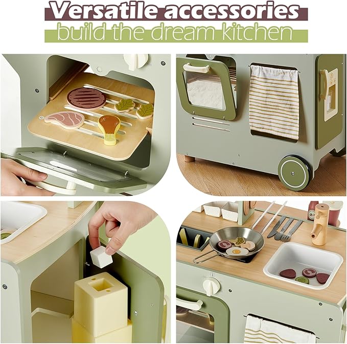 Wooden Food Cart, Kitchen Playset 50-Piece Toddler Pretend Play Grocery Store with Sink and Ice Maker, Kitchen Set for Kids Ages 3+, Gift for Boys and Girls