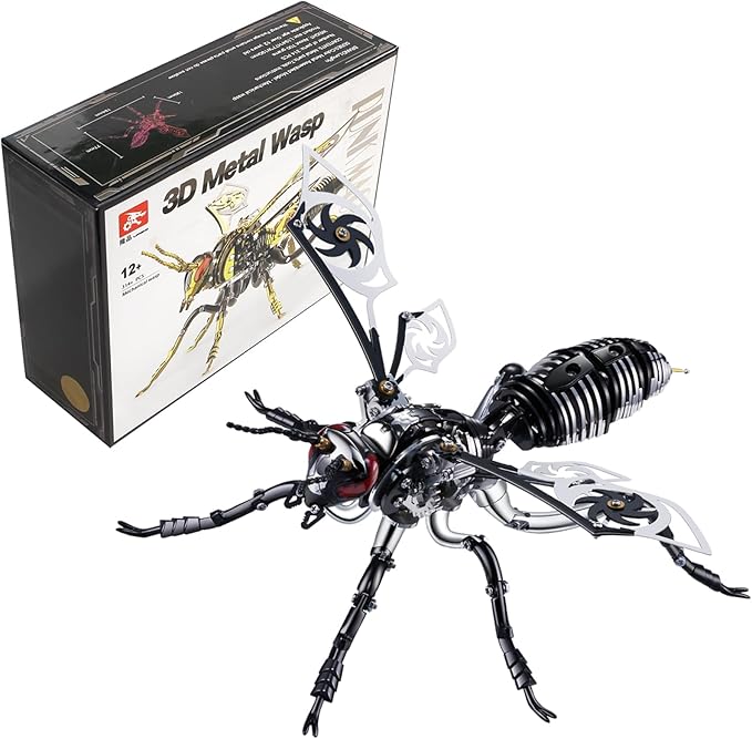 OreilleStar 3D Metal Puzzles for Adults, Model Kits of Northern Giant Hornet, Mechanical Wasp Building Blocks, Difficult DIY Assembly, Men's Birthday Gifts (3D Metal Wasp-Silver Black)