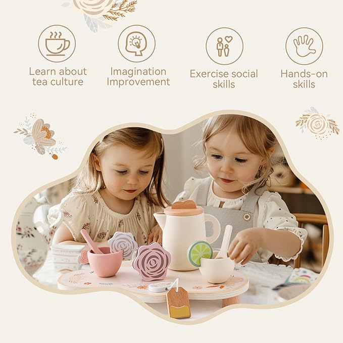 Tea Party Set for Little Girls, Silicone & Wooden Tea Set for Toddler with Silicone Teapot Cups Carrying Tray Scoop, Pretend Play Accessories Kids Kitchen Wooden Toys for 3 4 5 6 Year Old (Pink)