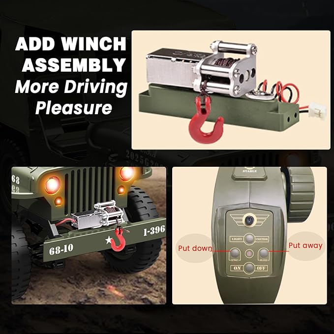 Remote Control Truck, RC Willys Military Jeep Car 1/12 Scale with Rechargeable Battery & Winch System, 2.4Ghz 4x4 Off-Road Remote-Control Crawler Vehicle for Boys Adult, Christmas Birthday Gift