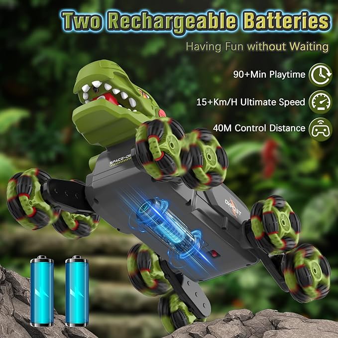 Dinosaur Remote Control Car - 8WD RC Toys for 4 5 6 7 8 Year Old Boys, 2.4Ghz RC Transform Stunt Monster Car with 360°Rotating/Spray/Roar, Birthday Xmas Gifts for Kids Age 4-6 5-7 8-12