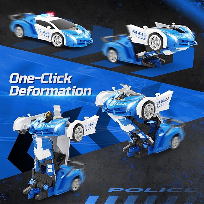 DEERC Transform Remote Control Car,2.4GHz Robot RC Cars,1:18 Scale Police Car Toy One-Button Deformation & 360° Rotating Drifting for Kids Boys Age 4-7 8-12 Birthday Xmas Gift