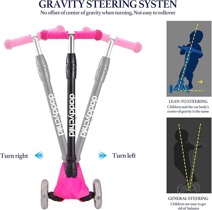 Kids Kick Scooter, 3 Wheeled Scooter for Kids, Child/Toddlers Toy, Adjustable Height, Anti-Slip Deck, Flashing Wheel Lights, for Boys/Girls 3-12 Year Old