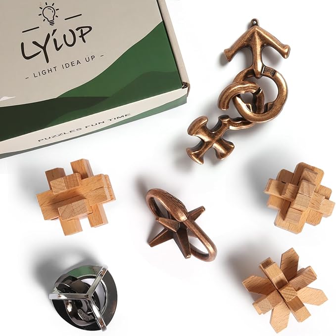 Brain Teaser Puzzle Wooden and Metal 6PCS 3D Unlock Interlocking Puzzle for Kids Adults Educational Toy